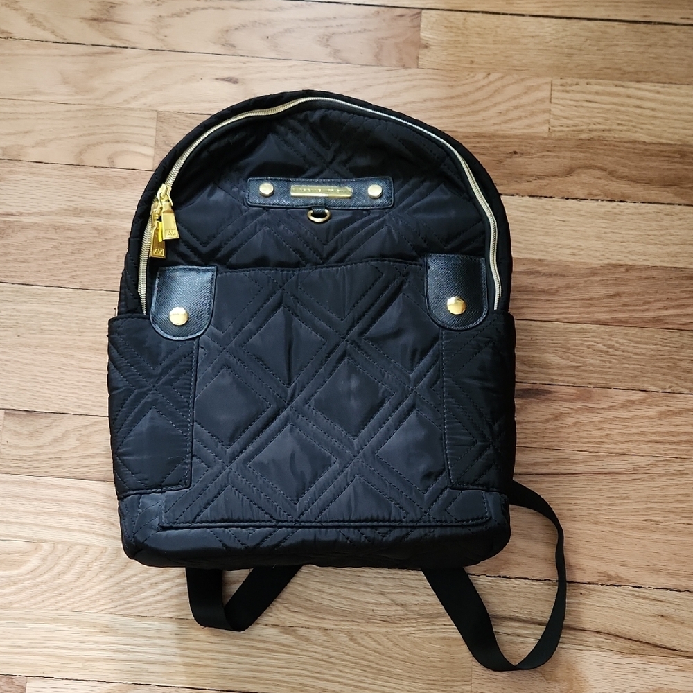 Adrienne Vittadini Black Quilted Backpack with Gold Accents